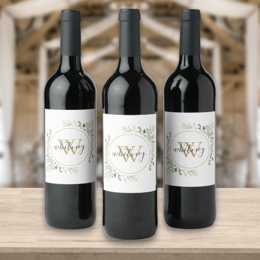 Étiquette Pour Bouteilles De Vin Monogramme personnalisé de verdure de script éléga