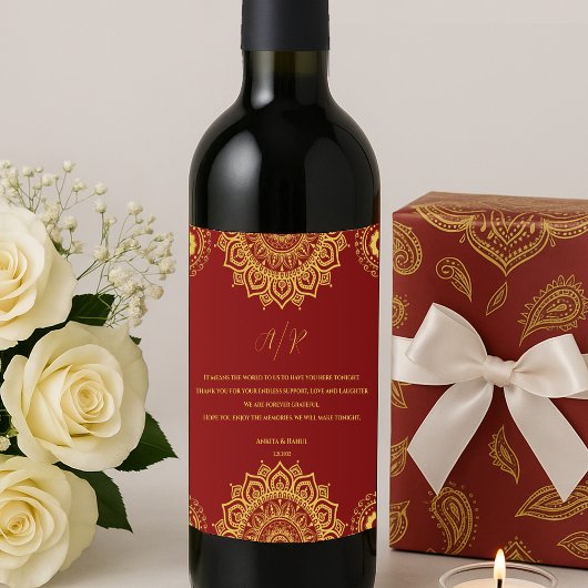 Étiquette Pour Bouteilles De Vin Monogramme Red Mandala Indian Wedding Favor
