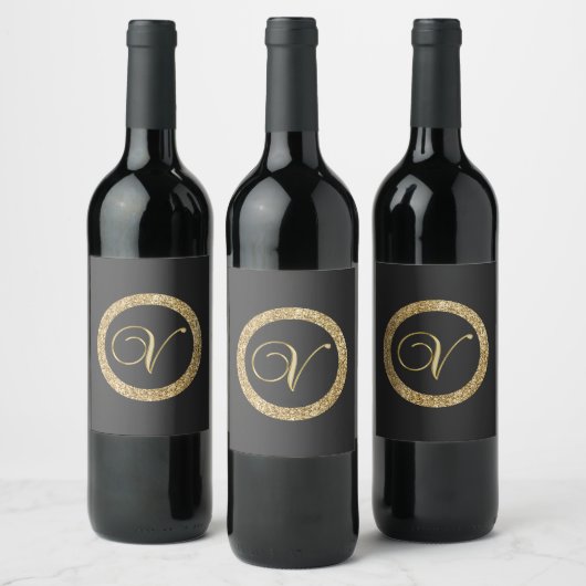 Étiquette Pour Bouteilles De Vin Monogramme V, élégante écriture dorée (Bouteilles)
