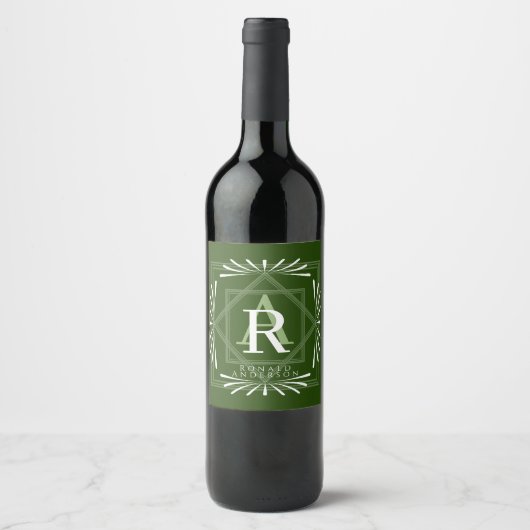 Étiquette Pour Bouteilles De Vin Monogramme vert cadre élégant (Devant)