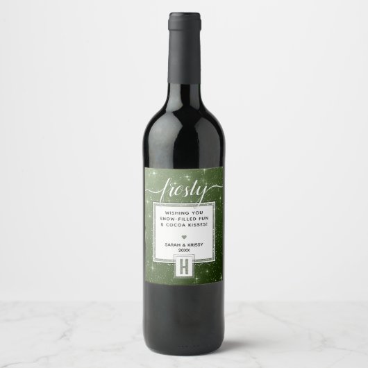 Étiquette Pour Bouteilles De Vin Monogramme vert rustique FROSTY ❄️ Vibe neigeuse (Devant)