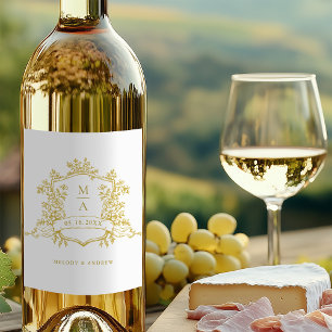 Étiquette Pour Bouteilles De Vin Monogrammes de crête Florale d'or classique Mariag