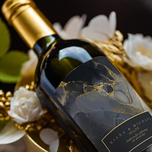 Étiquette Pour Bouteilles De Vin Moody Ink Charcoal Gold Abstrait ID988