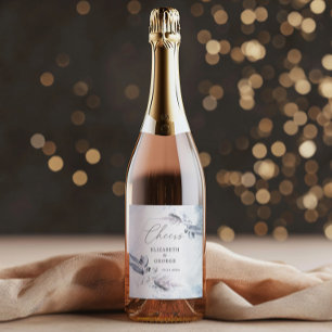 Étiquette Pour Bouteilles De Vin Moody Winter Blue Aquarelle Floral Monogramme