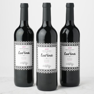 Étiquette Pour Bouteilles De Vin Motif arabesque symétrique noir et blanc gras