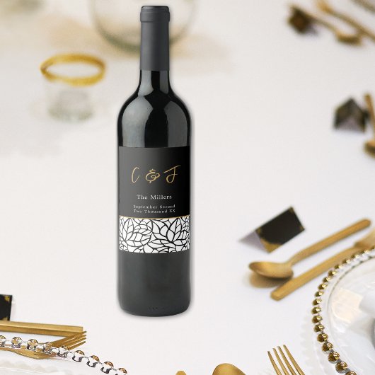 Étiquette Pour Bouteilles De Vin Motif de feuille botanique moderne Monogramme Date