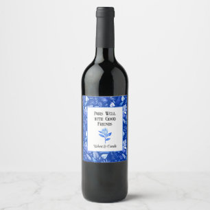 Étiquette Pour Bouteilles De Vin Motif Tropical Bleu de Cobalt, Fleur Protea