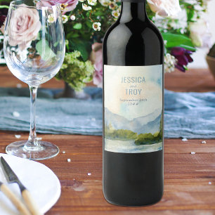 Étiquette Pour Bouteilles De Vin Mountain Lake Mariage Watercolor Scène extérieure