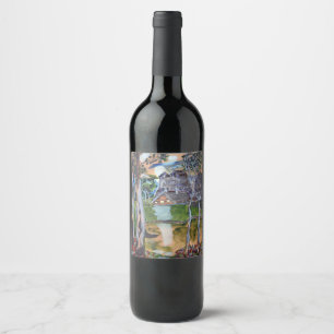 Étiquette Pour Bouteilles De Vin naïf aquarelle peinture forêt nature maison terre