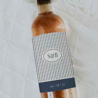 Étiquette Pour Bouteilles De Vin Navy & Cream Monogramme Classique à Rayures pour M