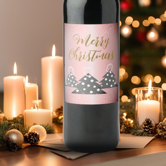 Étiquette Pour Bouteilles De Vin Noël Arbre métallique Pink Script Holiday