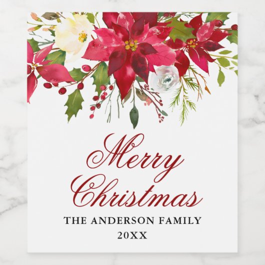 Étiquette Pour Bouteilles De Vin Noël élégant au poinsettia aquarelle (Étiquettes simples)