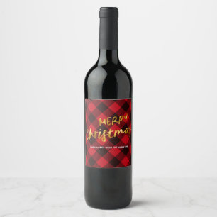 Étiquette Pour Bouteilles De Vin Noël en carreaux rouges et écriture dorée sur fond