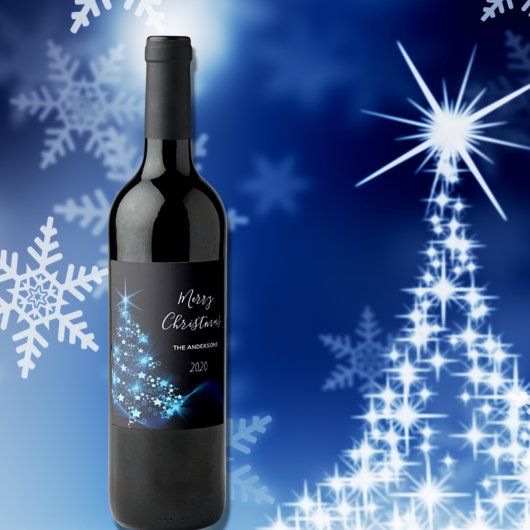 Étiquette Pour Bouteilles De Vin Noël fête noir bleu moderne brillant arbre