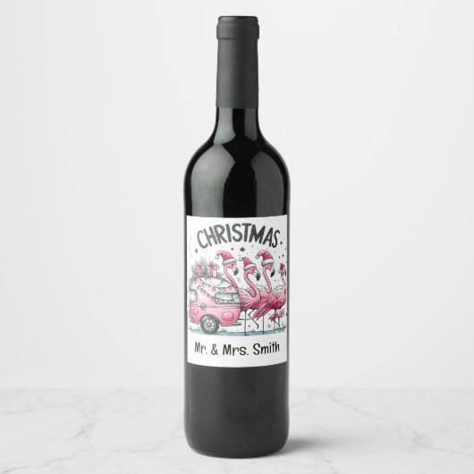 Étiquette Pour Bouteilles De Vin Noël Flamant Rose (Devant)