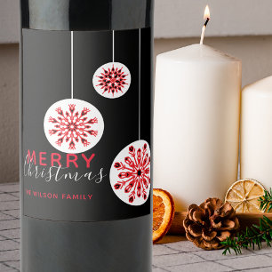 Étiquette Pour Bouteilles De Vin Noël Flocon de neige Nordique Rouge Noir
