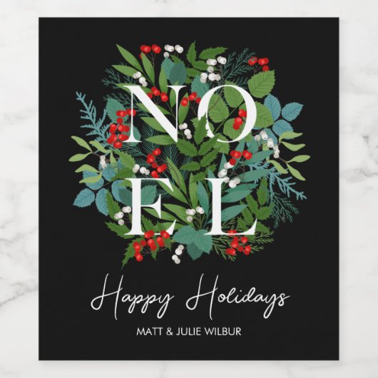 Étiquette Pour Bouteilles De Vin NOEL Greenery Berries Joyeuses vacances (Étiquettes simples)