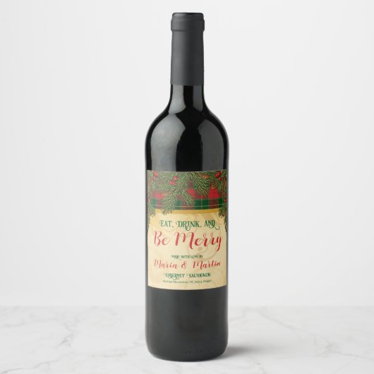 Étiquette Pour Bouteilles De Vin Noël Traditionnel Manger Boire Soyez Joyeux (Devant)