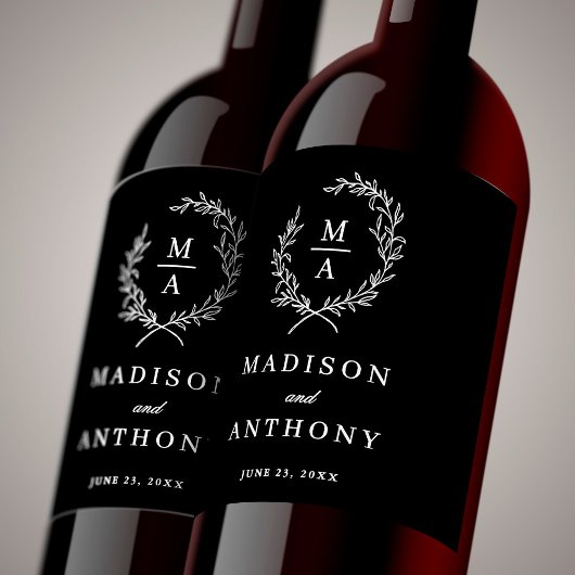 Étiquette Pour Bouteilles De Vin Noir classique Simple Élégant Mariage Monogramme