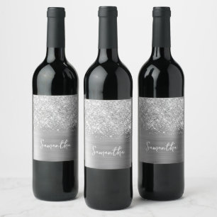 Étiquette Pour Bouteilles De Vin Nom de script Glam argenté pailleté