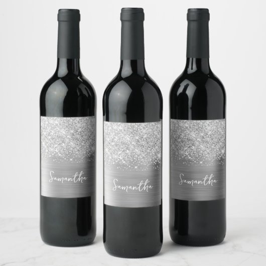 Étiquette Pour Bouteilles De Vin Nom de script Glam argenté pailleté (Bouteilles)