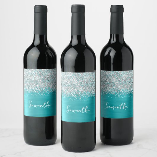 Étiquette Pour Bouteilles De Vin Nom de script glamour bleu turquoise argent paille (Bouteilles)