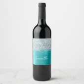 Étiquette Pour Bouteilles De Vin Nom de script glamour bleu turquoise argent paille (Devant)