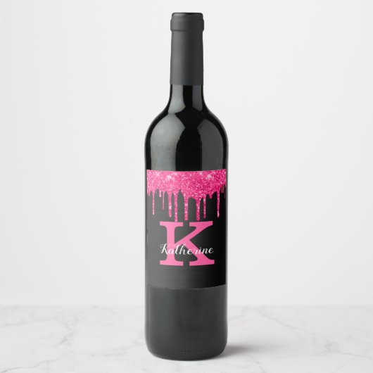 Étiquette Pour Bouteilles De Vin Nom Monogramme Paillettes Rose Chaud Noir Féminin  (Devant)