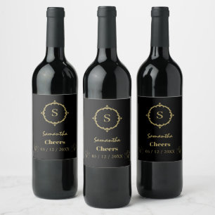 Étiquette Pour Bouteilles De Vin Nom personnalisé Monogram Black Gold