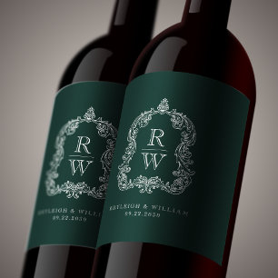 Étiquette Pour Bouteilles De Vin Noms de blason de monogramme vintage Mariage vert