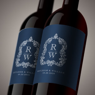 Étiquette Pour Bouteilles De Vin Noms de crête de monogramme vintage mariage bleu m