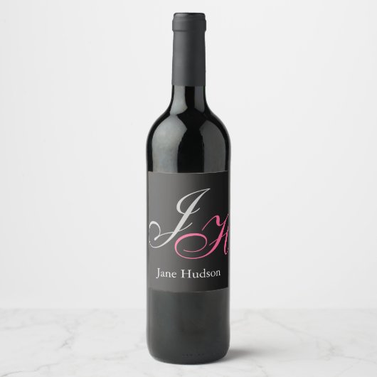 Étiquette Pour Bouteilles De Vin Noms Initiales Lettres Monogramme Noir Gris Script (Devant)