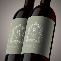 Étiquette Pour Bouteilles De Vin Noms vintages de crêtes de monogramme Sage Mariage