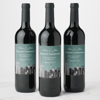 Étiquette Pour Bouteilles De Vin NYC Skyline Etted #2 Starry Turq Aqua Gradient BG