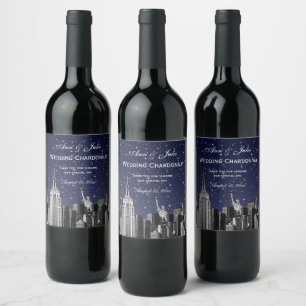 Étiquette Pour Bouteilles De Vin NYC Skyline Gravé #2 Dégradé de Bleu Starry BG