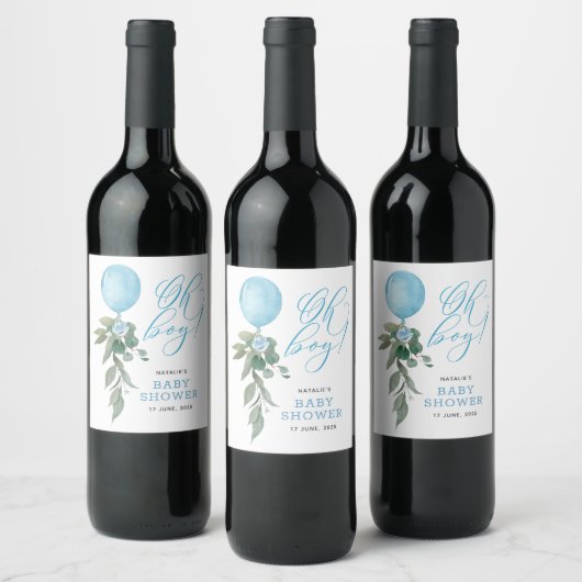 Étiquette Pour Bouteilles De Vin Oh Boy Blue Balloon Baby shower de verdure (Bouteilles)