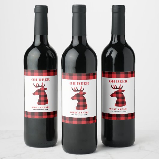 Étiquette Pour Bouteilles De Vin Oh Deer What a Year Buffalo Plaid Name Holidays (Bouteilles)