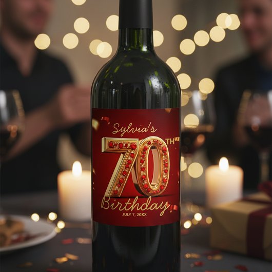 Étiquette Pour Bouteilles De Vin Opulent Rouge Rubis Or Paillettes 70e Anniversaire