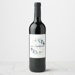 ÉTIQUETTE POUR BOUTEILLES DE VIN OR AQUA BLEU FOLIAGE WATERCOLOR WREATT MONOGRAM