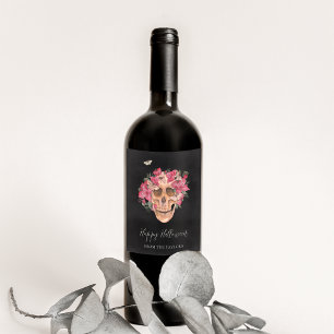 Étiquette Pour Bouteilles De Vin Orchidée rose Crâne floral Personnalisé Halloween