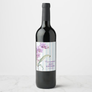 Étiquette Pour Bouteilles De Vin Orchidée violette Vert rayures Floral 30e annivers