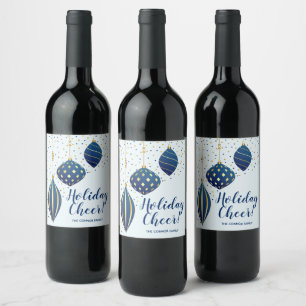 Étiquette Pour Bouteilles De Vin Ornements de Noël en or bleu Dots