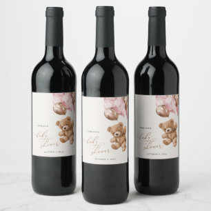 Étiquette Pour Bouteilles De Vin ours en peluche, ours bébé, ballons roses, Baby sh