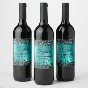 Étiquette Pour Bouteilles De Vin Paillettes noires Turquoise Bleu Feuille 21e Anniv