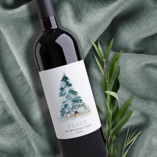 Étiquette Pour Bouteilles De Vin Paix Neige Aquarelle Pine Noël Arbre Cadeaux