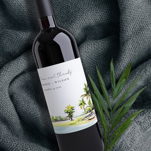 Étiquette Pour Bouteilles De Vin Palmiers côtiers tropicaux Mariage d'aquarelle