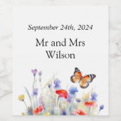 Étiquette Pour Bouteilles De Vin Papillon aquarelle et Mariage Fleur sauvage (Étiquettes simples)