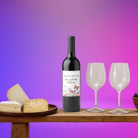 Étiquette Pour Bouteilles De Vin Papillon aquarelle et Mariage Fleur sauvage