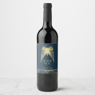Étiquette Pour Bouteilles De Vin Papillon Art déco Bleu Or "Merci"