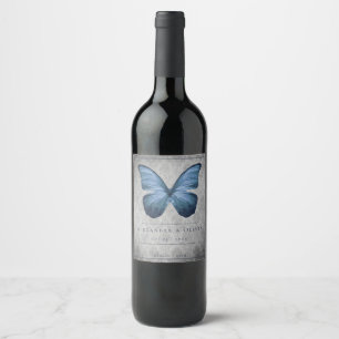 Étiquette Pour Bouteilles De Vin Papillon bleu Vintage Mariage damassé